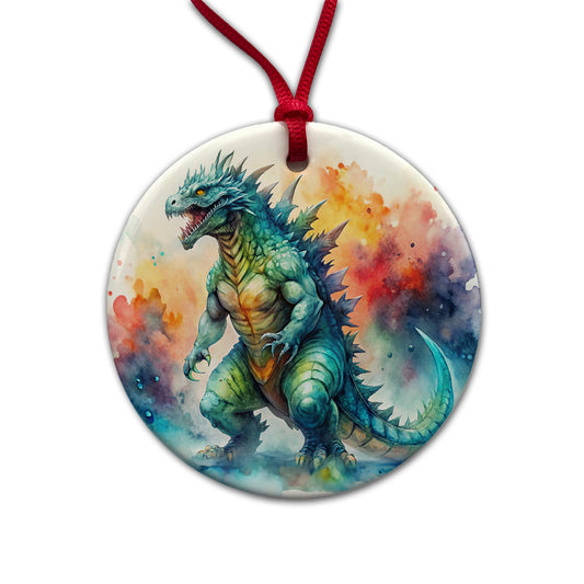 Giant Kaiju Monster Watercolor Round Ceramic Holiday Christmas Tree Ornament