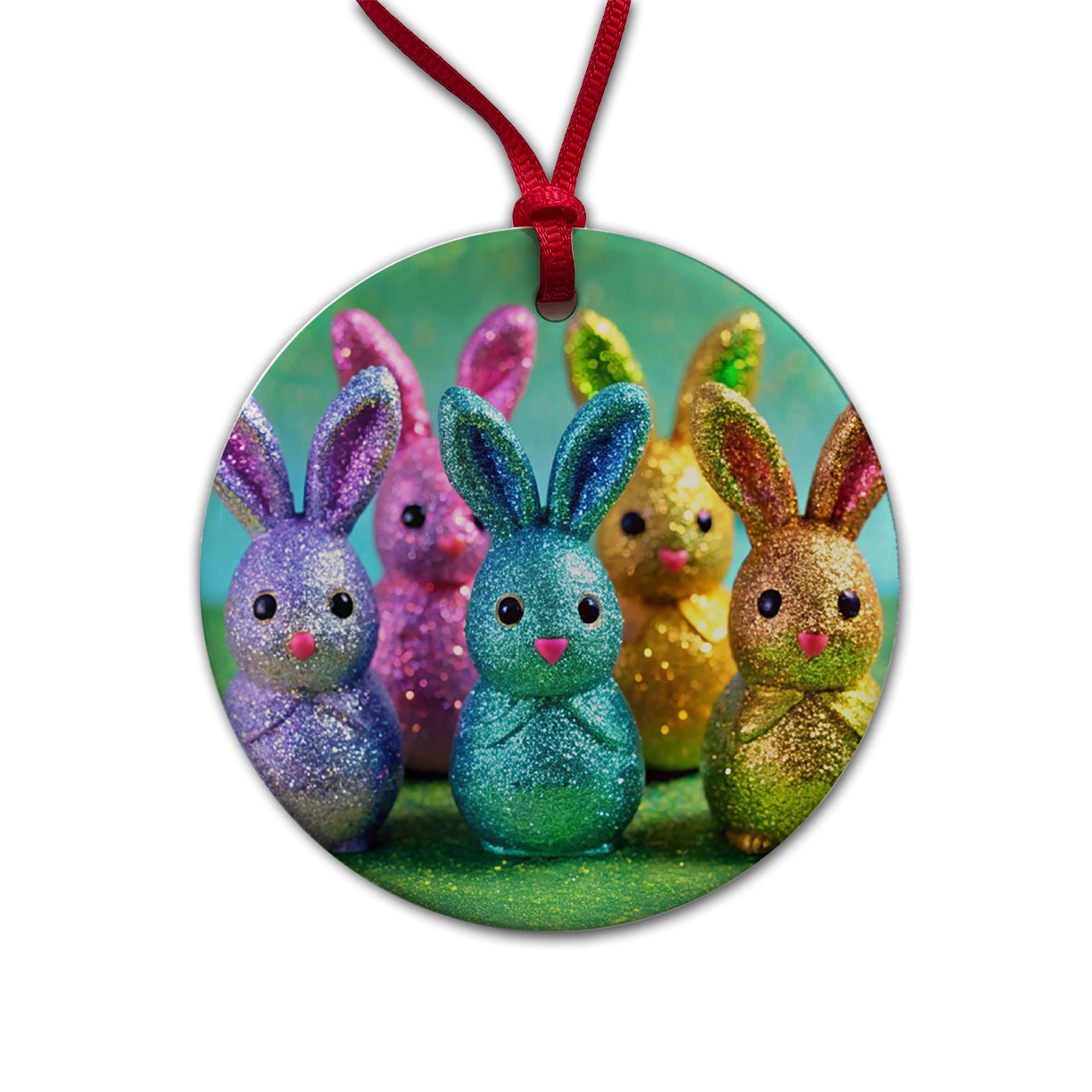 Glitter Easter Bunnies Rabbits Chocolate Round Ceramic Holiday Christmas Tree Ornament