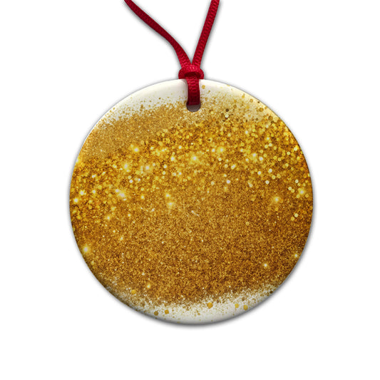 Gold Faux Glitter Round Ceramic Holiday Christmas Tree Ornament