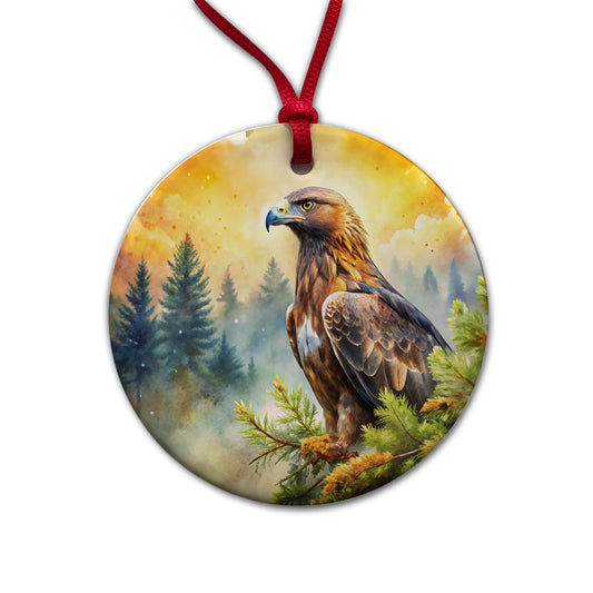 Golden Eagle Raptor Bird Of Prey In Tree Watercolor Round Ceramic Holiday Christmas Tree Ornament
