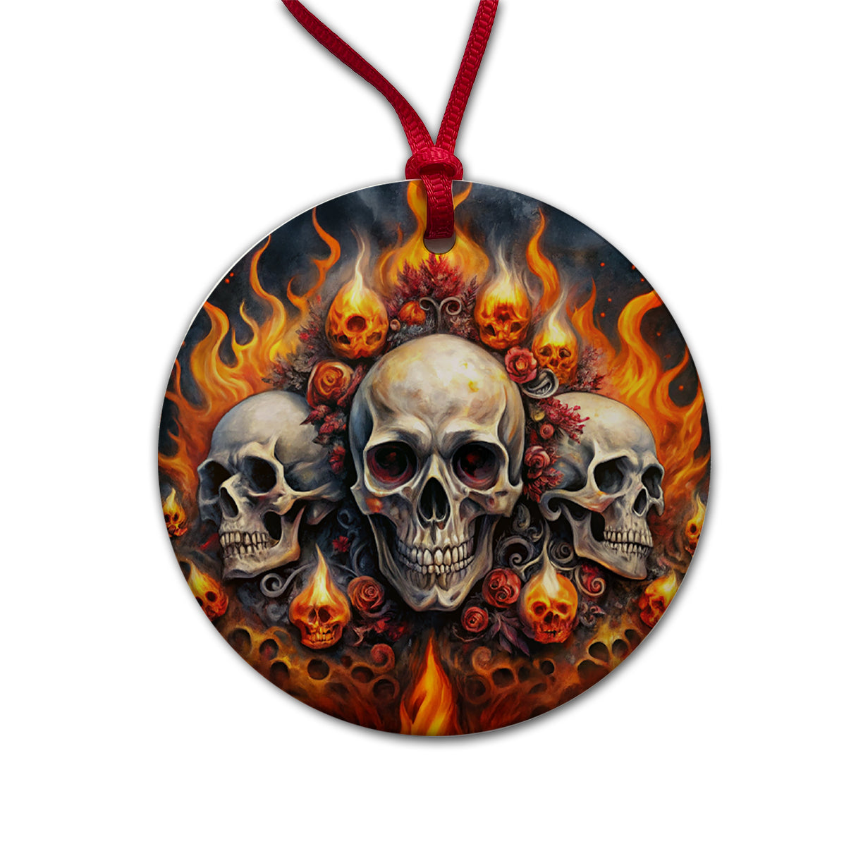 Gothic Skulls And Flames Watercolor Round Ceramic Holiday Christmas Tree Ornament