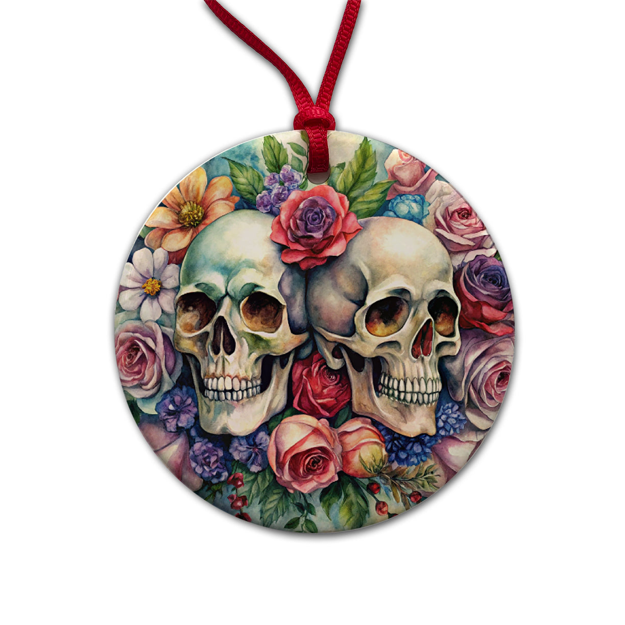 Gothic Skulls And Flowers Watercolor Round Ceramic Holiday Christmas Tree Ornament