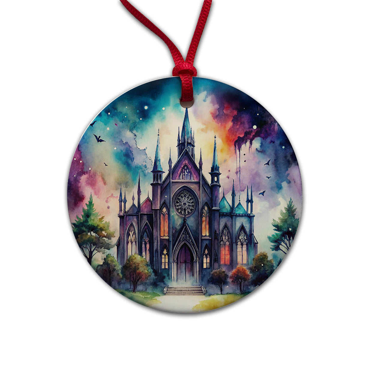 Gothic Style Church Watercolor Round Ceramic Holiday Christmas Tree Ornament