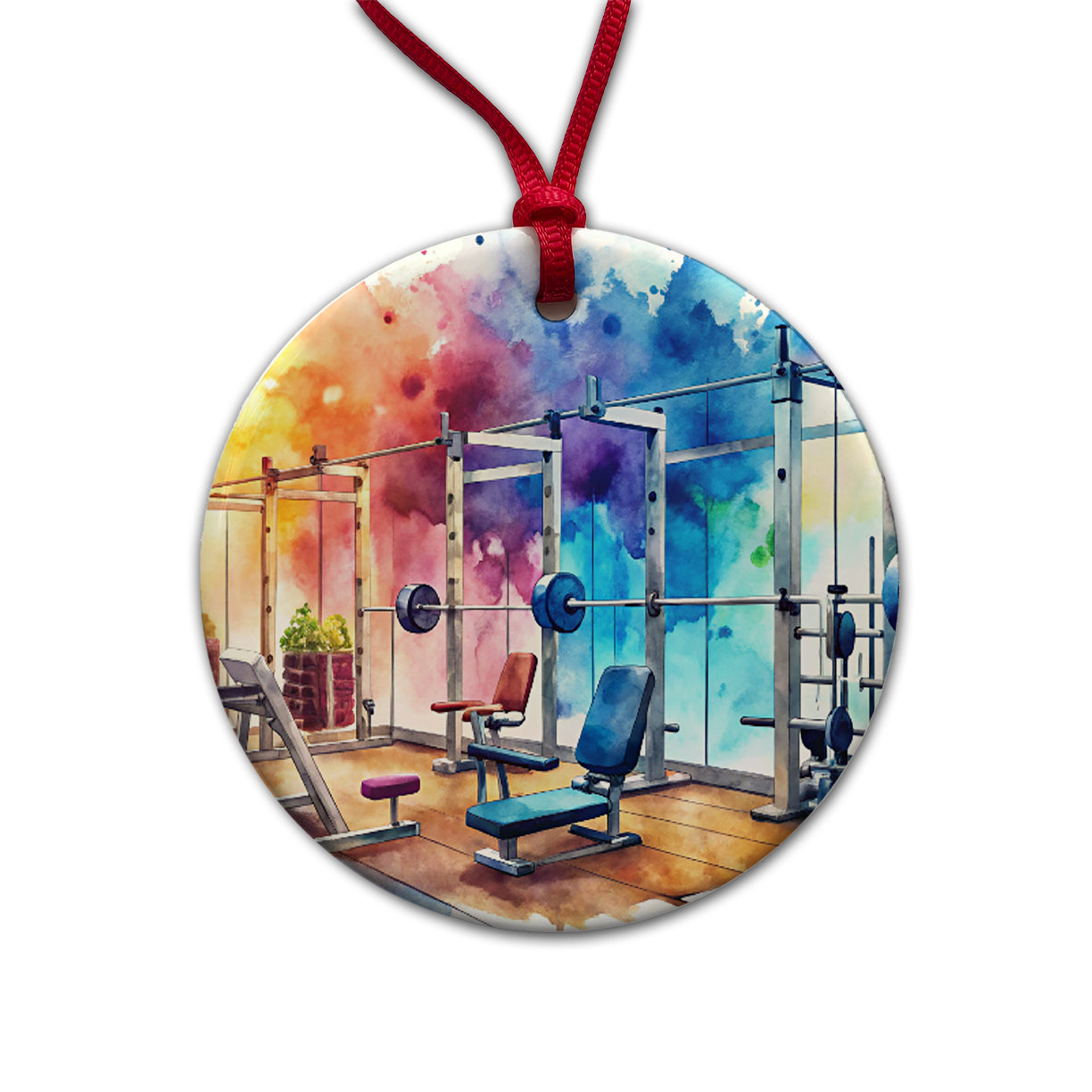 Gym Workout Equipment Watercolor Round Ceramic Holiday Christmas Tree Ornament
