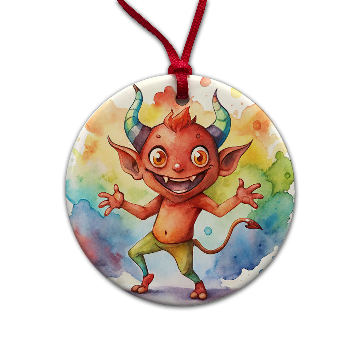 Happy Short Dancing Demon Watercolor Round Ceramic Holiday Christmas Tree Ornament