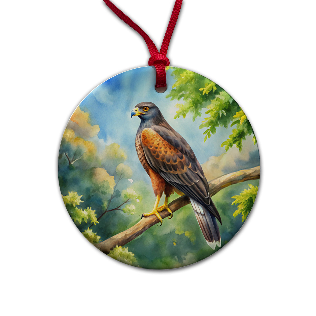 Harris's Hawk Raptor Bird Of Prey In Tree Watercolor Round Ceramic Holiday Christmas Tree Ornament