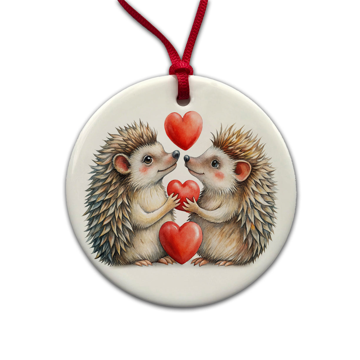 Hedgehogs In Love With Hearts Valentine's Day Round Ceramic Holiday Christmas Tree Ornament