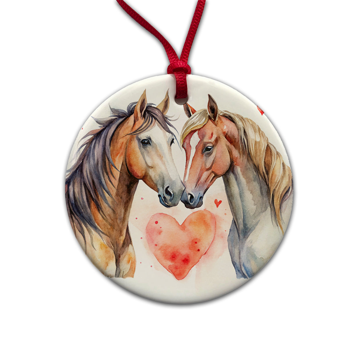 Horses In Love Heart Valentine's Day Round Ceramic Holiday Christmas Tree Ornament
