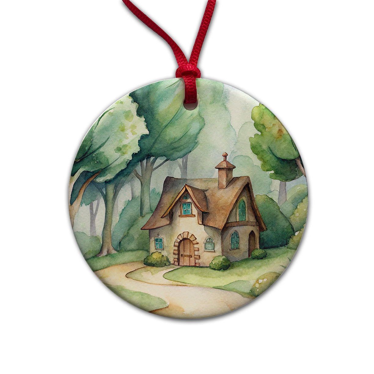House Shire In The Woods Round Ceramic Holiday Christmas Tree Ornament