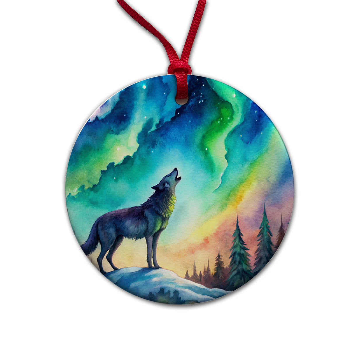 Howling Wolf And Northern Lights Watercolor Round Ceramic Holiday Christmas Tree Ornament