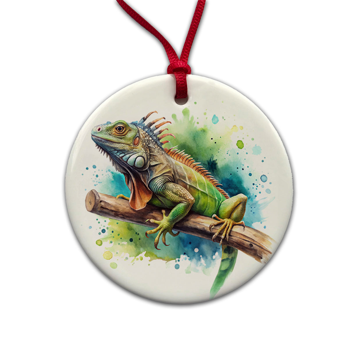 Iguana Lizard On Branch Reptile Watercolor Round Ceramic Holiday Christmas Tree Ornament