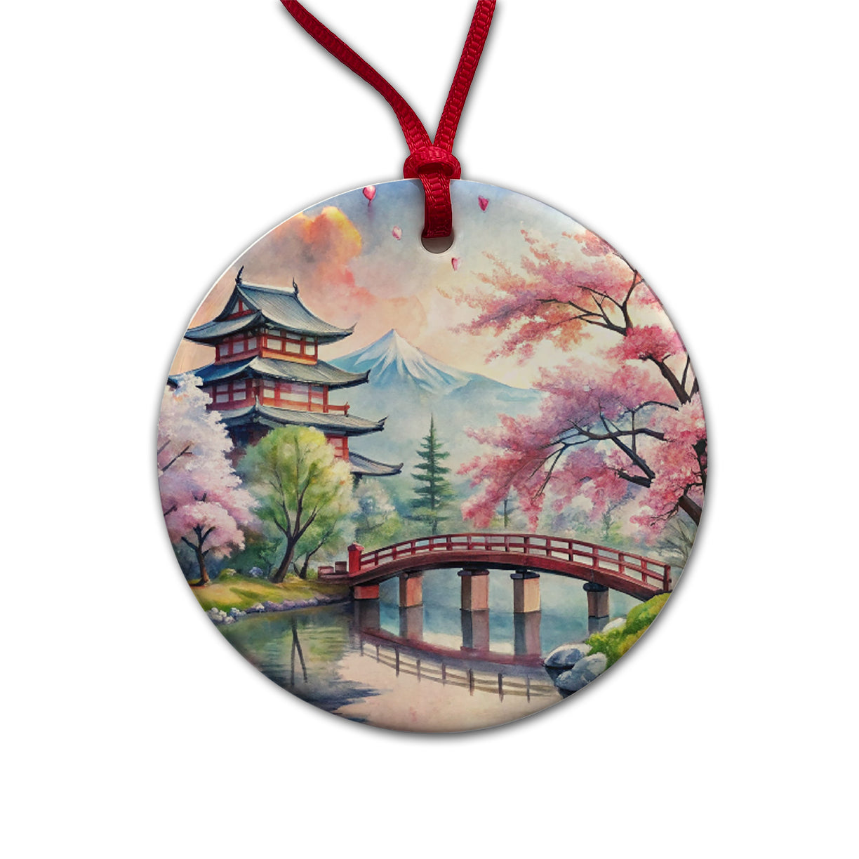 Japanese Scene With Bridge And Cherry Blossom Trees Watercolor Round Ceramic Holiday Christmas Tree Ornament