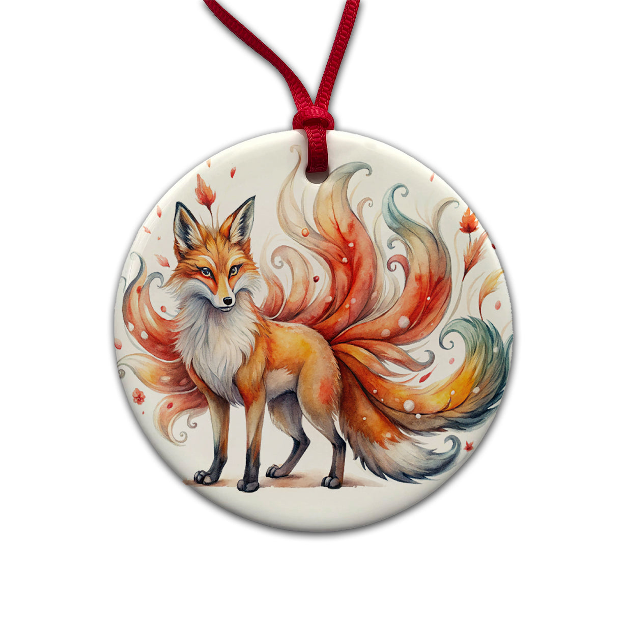 Kitsune Fox With Many Tails Asian Japanese Spirit Folklore Watercolor Round Ceramic Holiday Christmas Tree Ornament