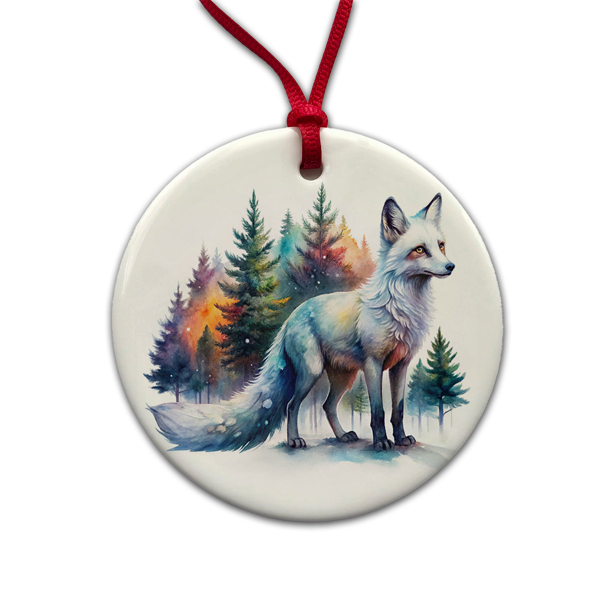Kitsune White Fox Asian Japanese In Forest Watercolor Round Ceramic Holiday Christmas Tree Ornament