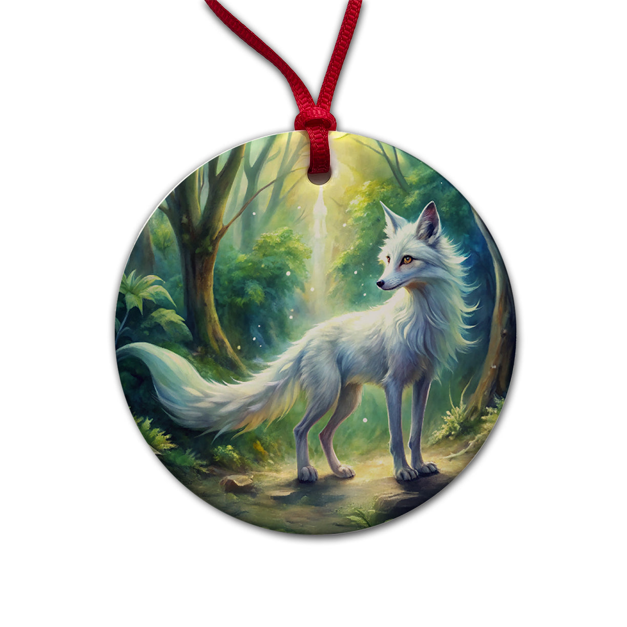 Kitsune White Fox Fantasy Japanese In Forest Watercolor Round Ceramic Holiday Christmas Tree Ornament