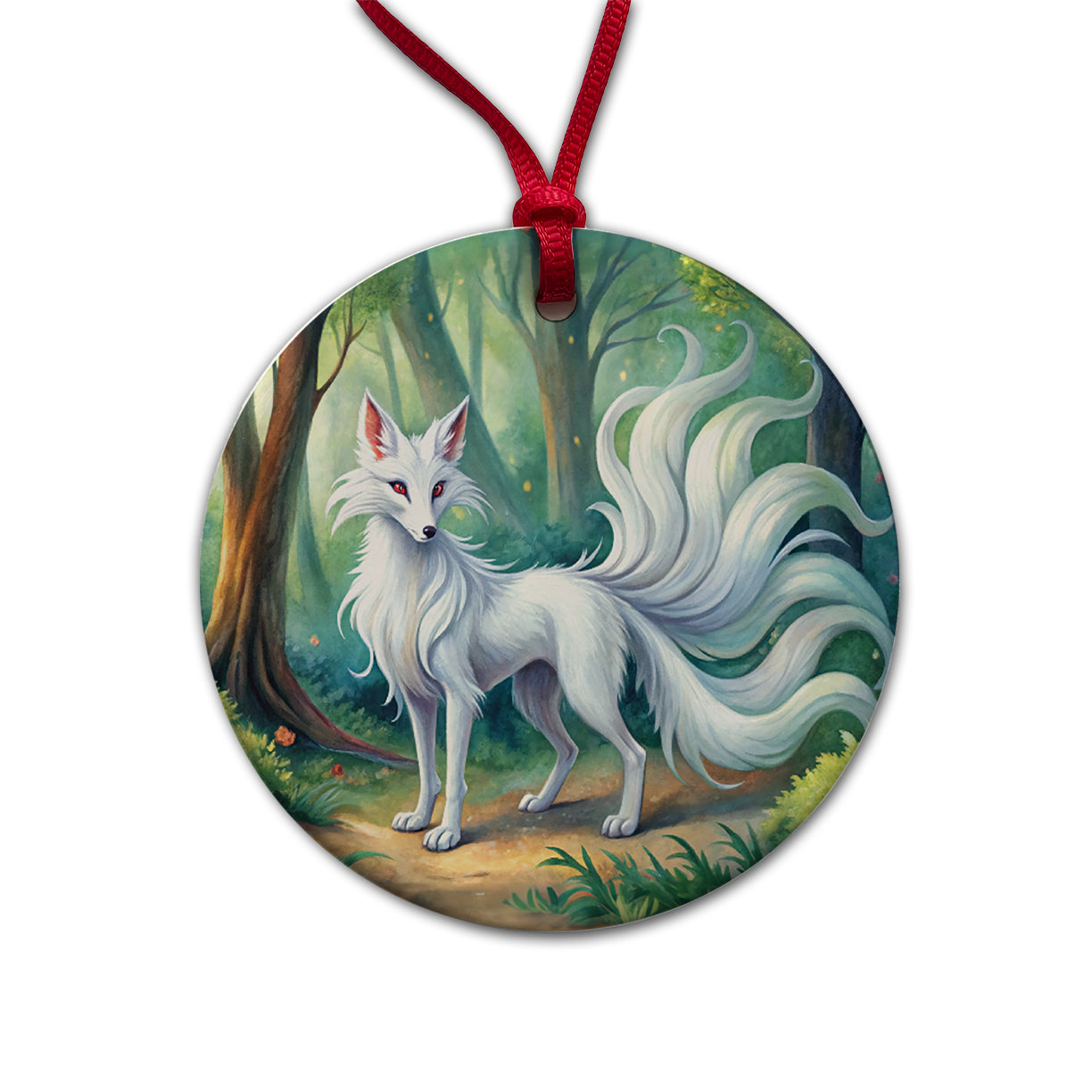 Kitsune White Fox With Many Tails Japanese Spirit Animal Watercolor Round Ceramic Holiday Christmas Tree Ornament