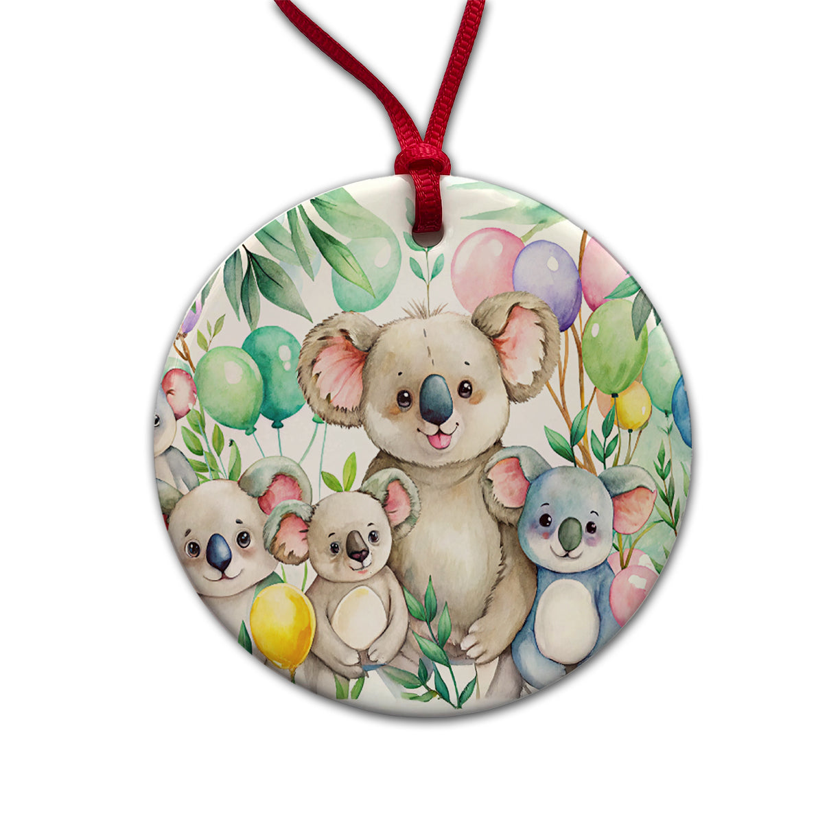 Koalas Having A Birthday Party Watercolor Round Ceramic Holiday Christmas Tree Ornament