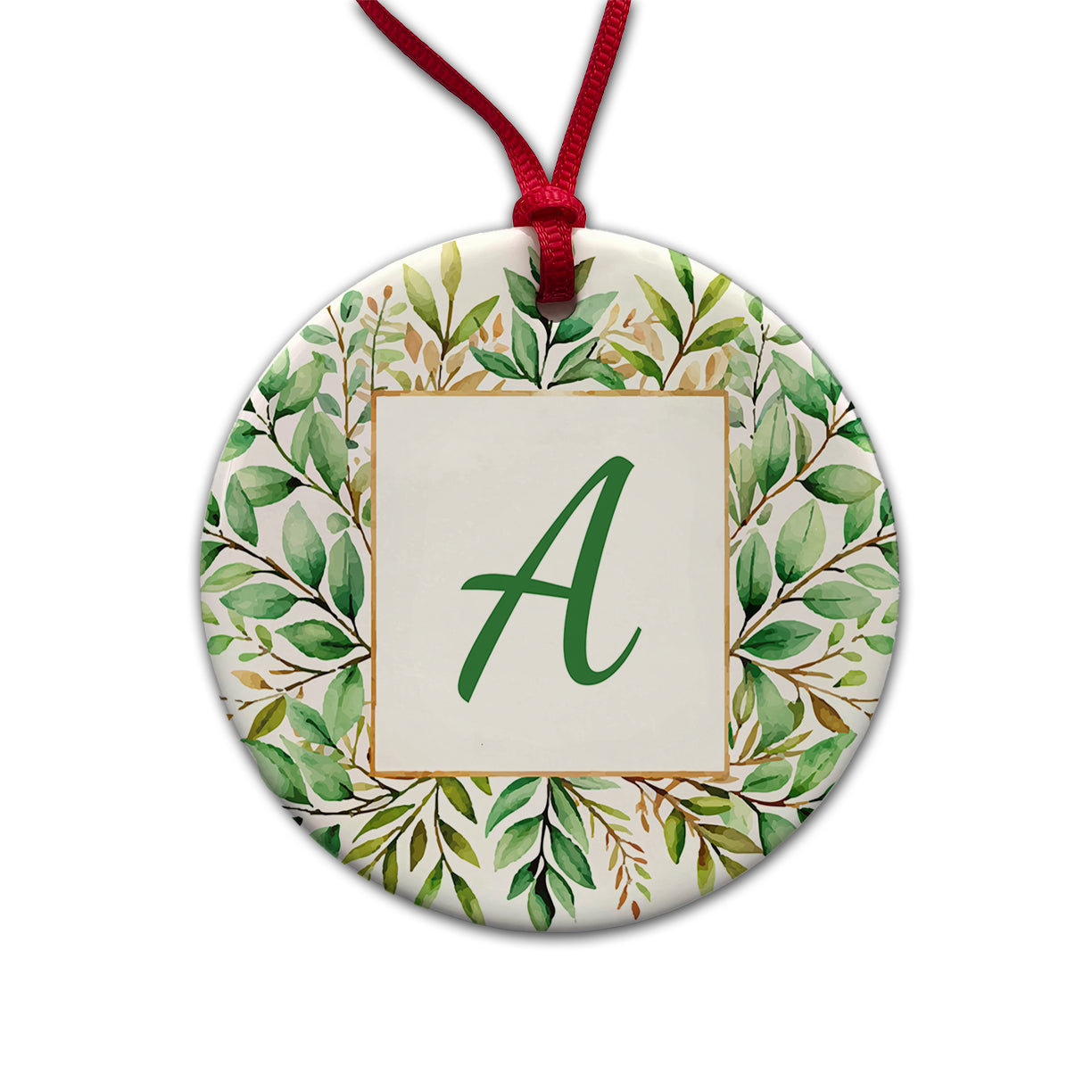 Letter A Initial Monogram Frame Leaf Round Ceramic Holiday Christmas Tree Ornament