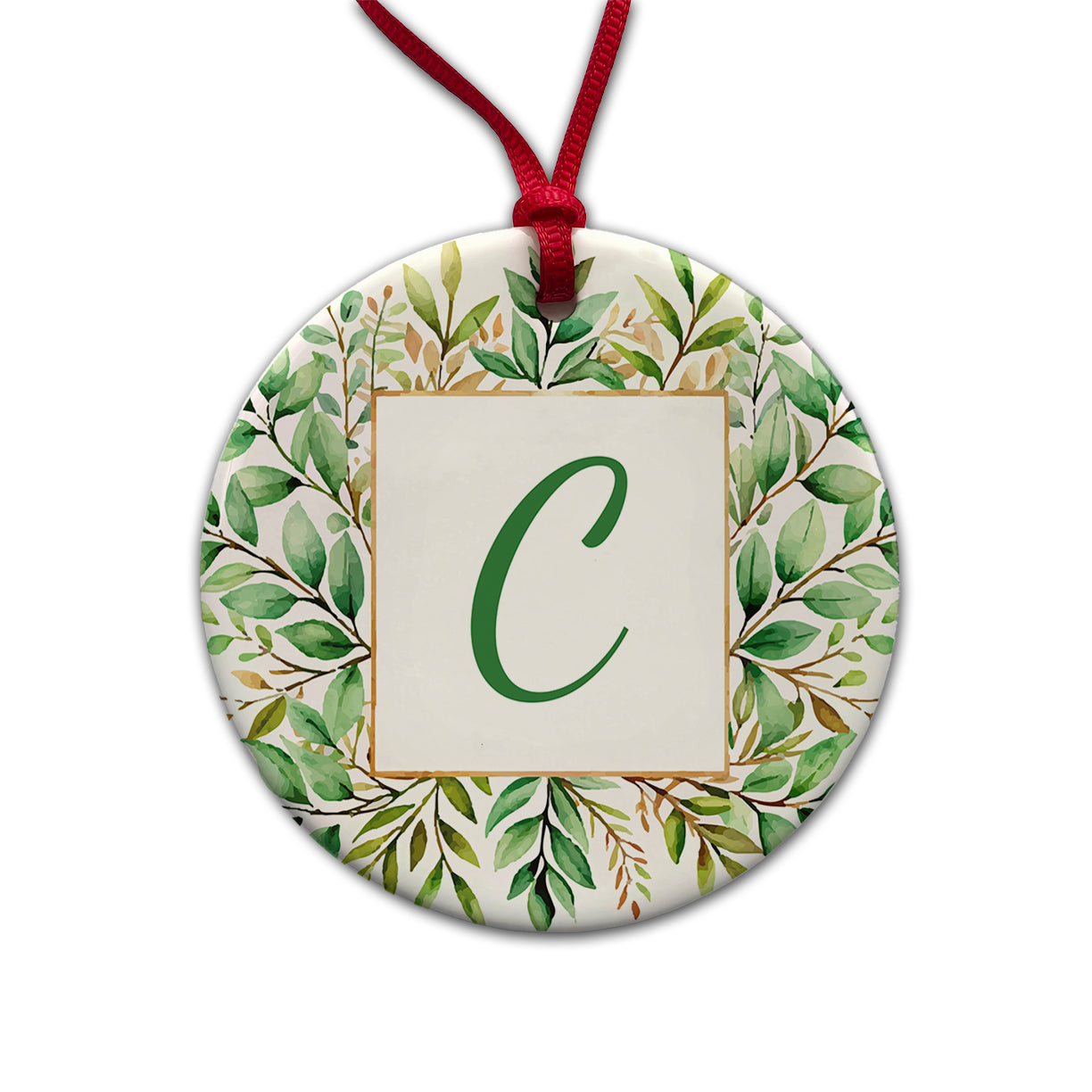 Letter C Initial Monogram Frame Leaf Round Ceramic Holiday Christmas Tree Ornament