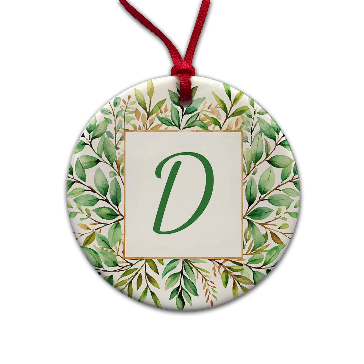Letter D Initial Monogram Frame Leaf Round Ceramic Holiday Christmas Tree Ornament