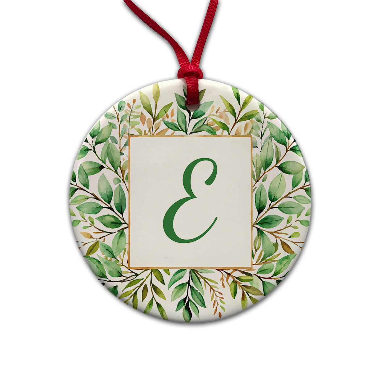 Letter E Initial Monogram Frame Leaf Round Ceramic Holiday Christmas Tree Ornament