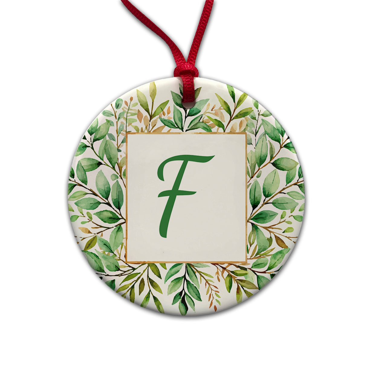 Letter F Initial Monogram Frame Leaf Round Ceramic Holiday Christmas Tree Ornament