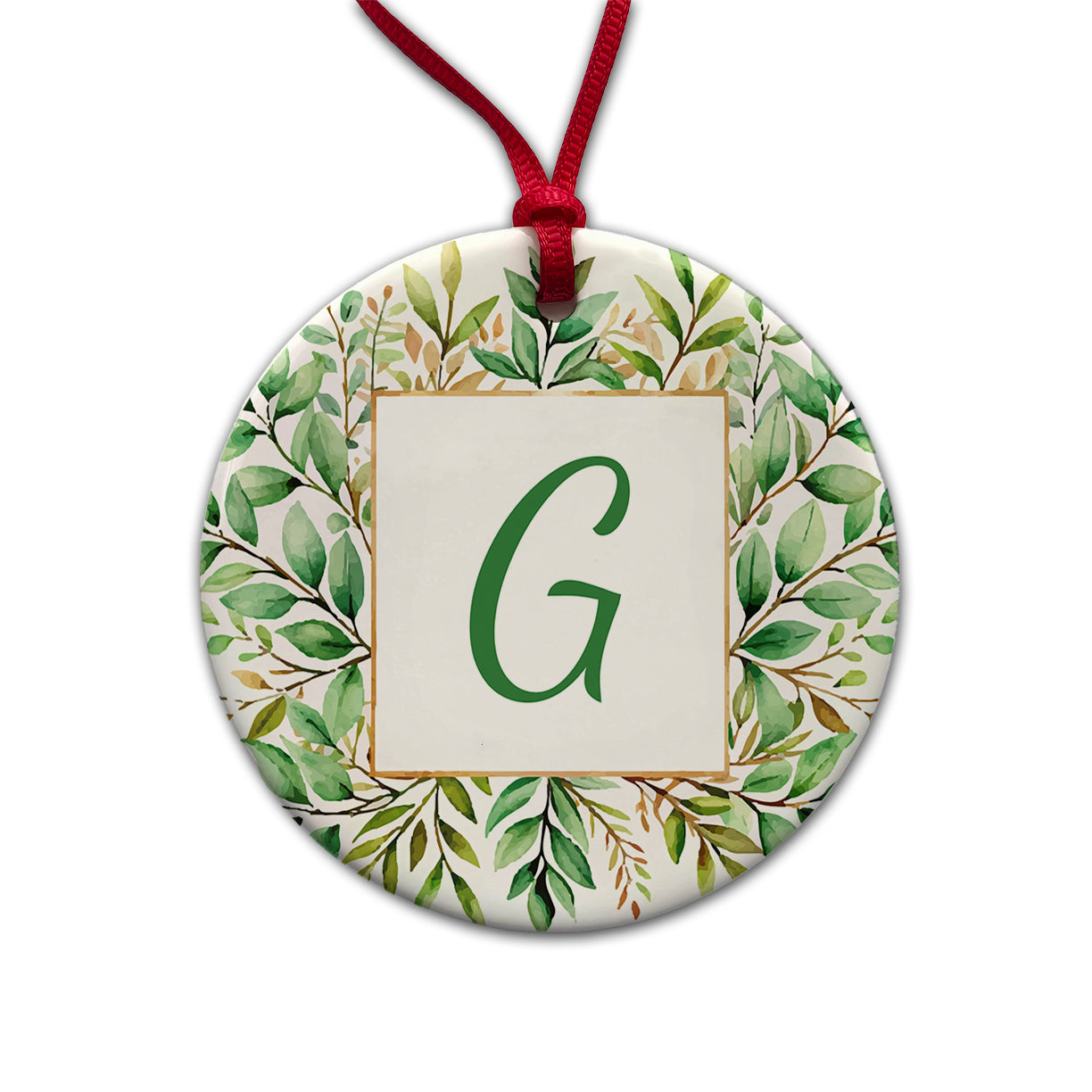 Letter G Initial Monogram Frame Leaf Round Ceramic Holiday Christmas Tree Ornament