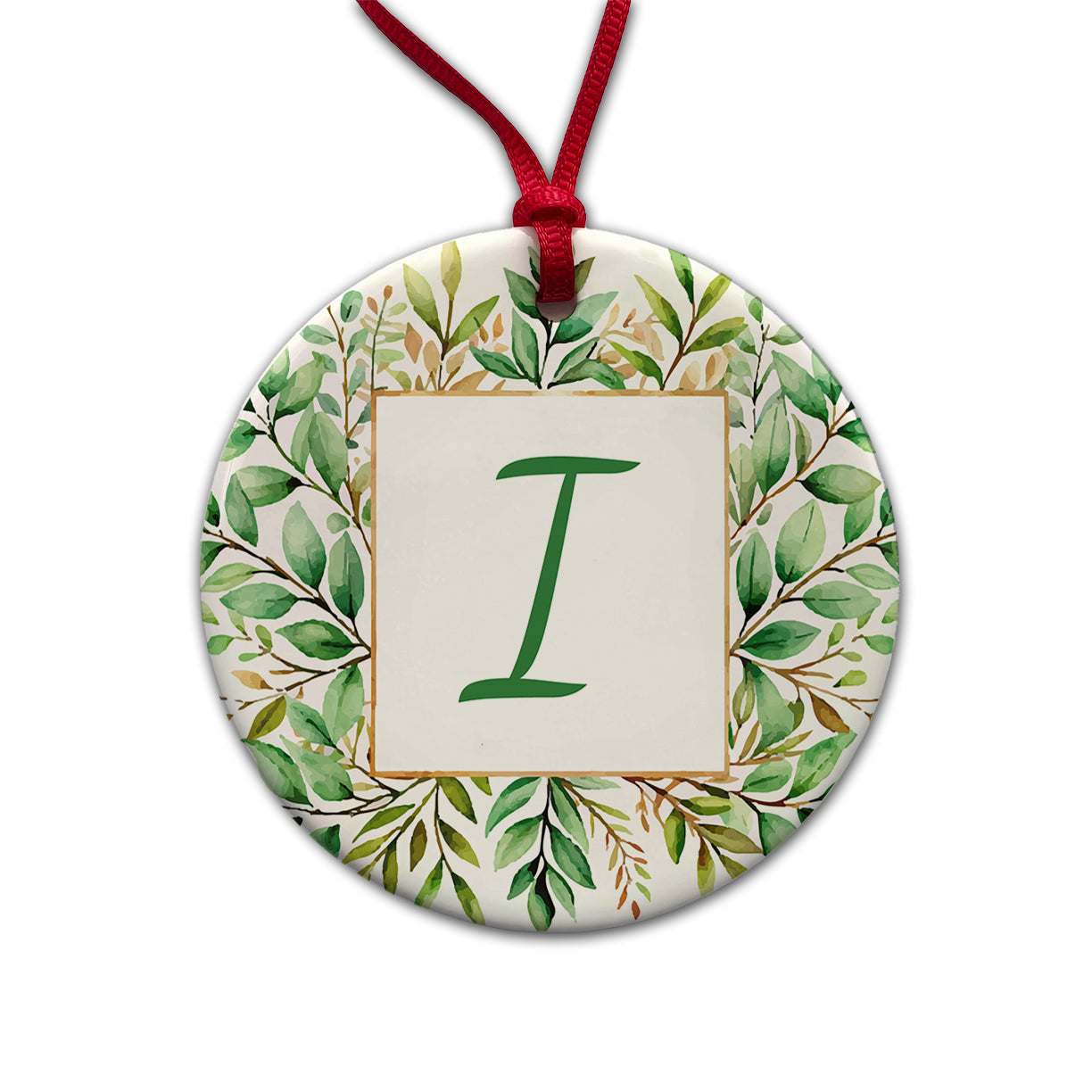 Letter I Initial Monogram Frame Leaf Round Ceramic Holiday Christmas Tree Ornament