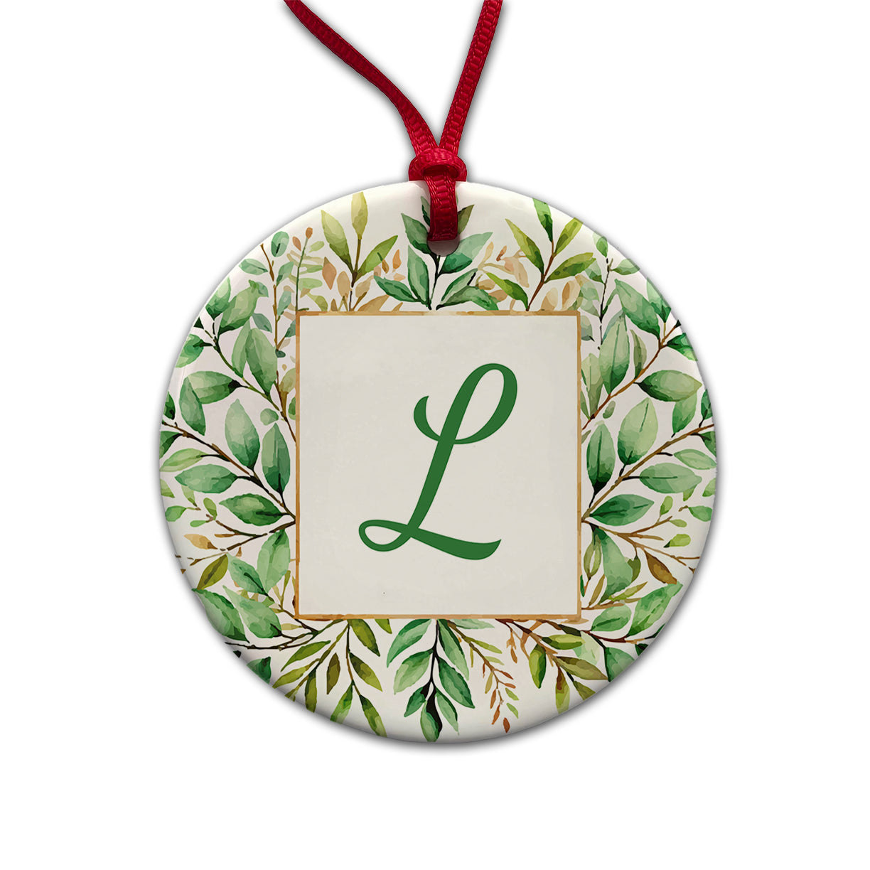 Letter L Initial Monogram Frame Leaf Round Ceramic Holiday Christmas Tree Ornament