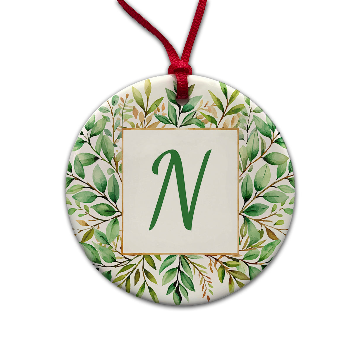 Letter N Initial Monogram Frame Leaf Round Ceramic Holiday Christmas Tree Ornament