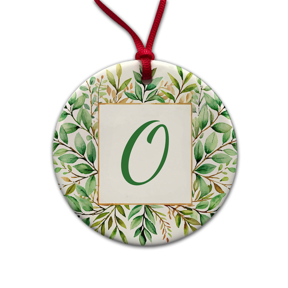 Letter O Initial Monogram Frame Leaf Round Ceramic Holiday Christmas Tree Ornament