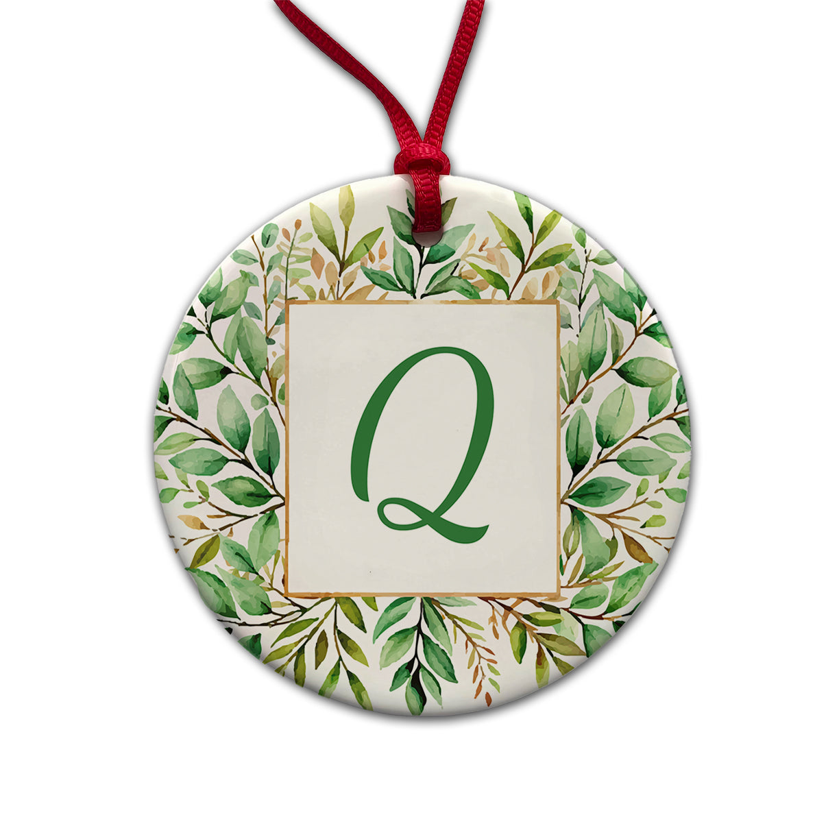 Letter Q Initial Monogram Frame Leaf Round Ceramic Holiday Christmas Tree Ornament