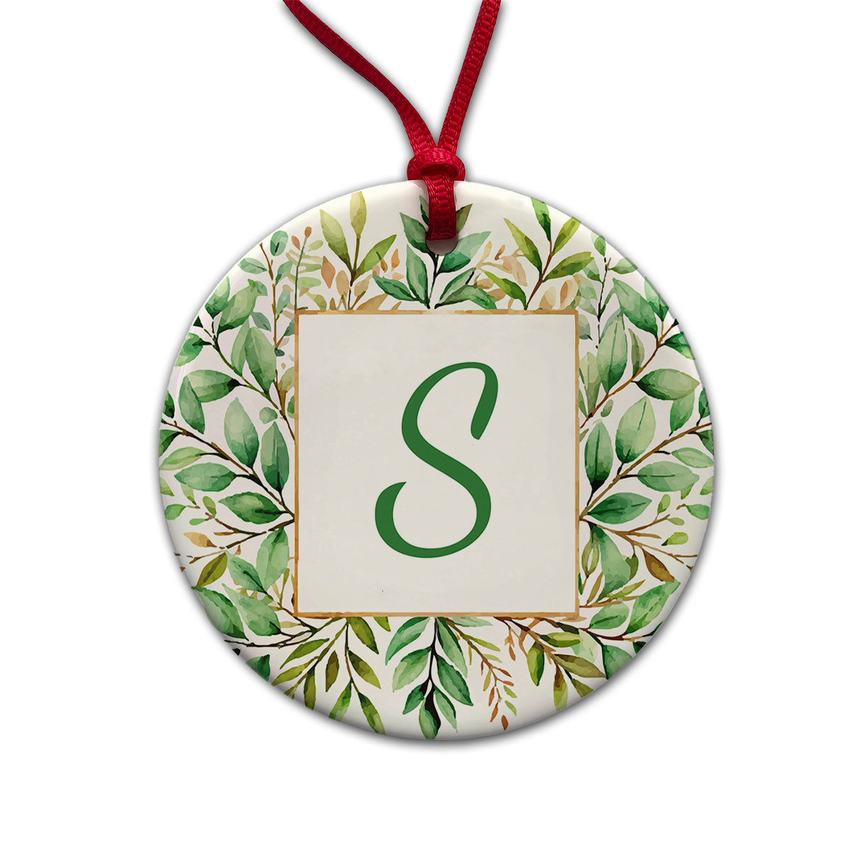 Letter S Initial Monogram Frame Leaf Round Ceramic Holiday Christmas Tree Ornament