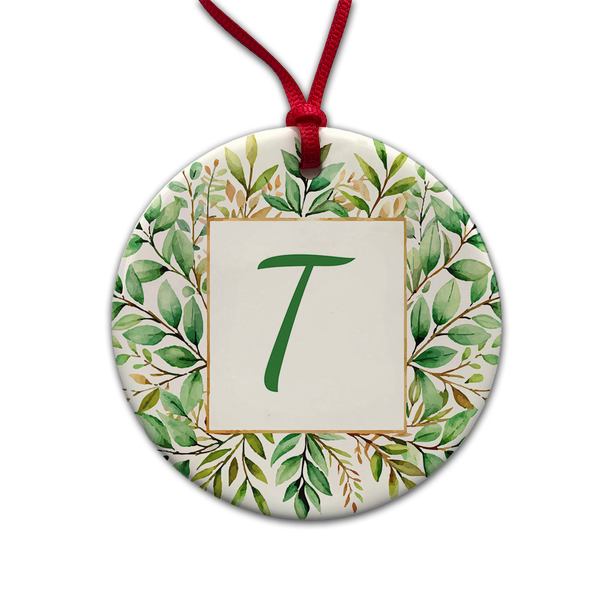 Letter T Initial Monogram Frame Leaf Round Ceramic Holiday Christmas Tree Ornament