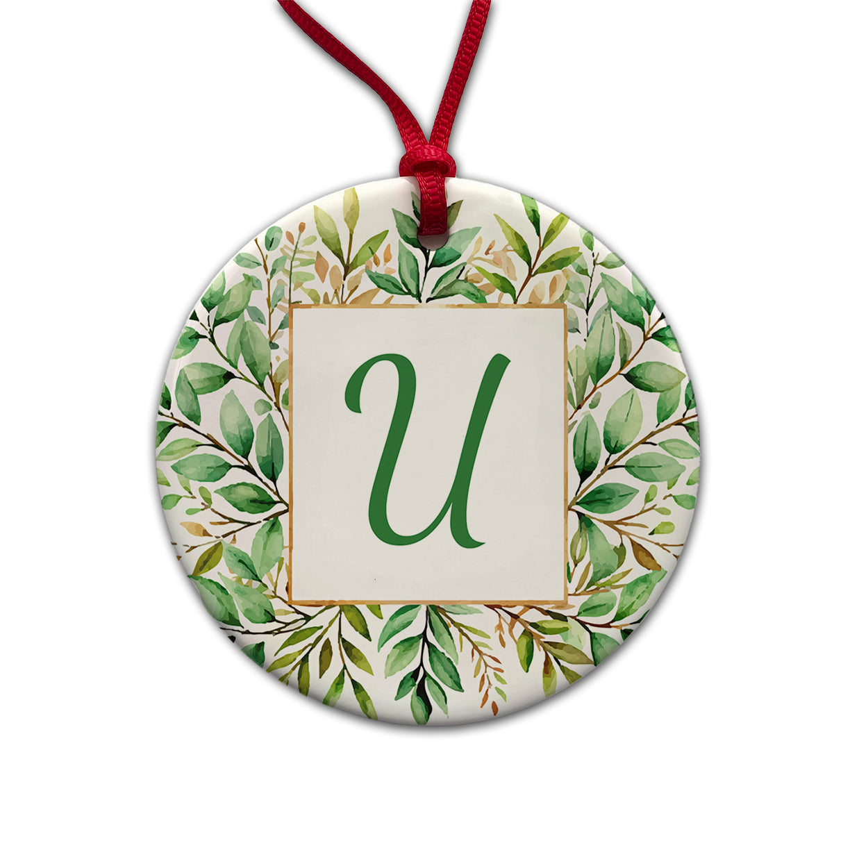 Letter U Initial Monogram Frame Leaf Round Ceramic Holiday Christmas Tree Ornament