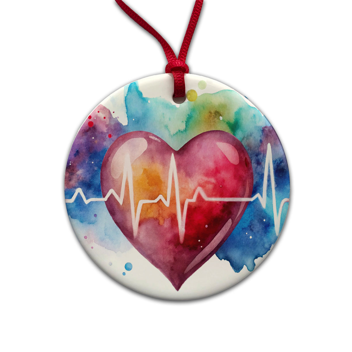 Life Pulse Heart Beat Doctor Nurse RN EMT Watercolor Round Ceramic Holiday Christmas Tree Ornament