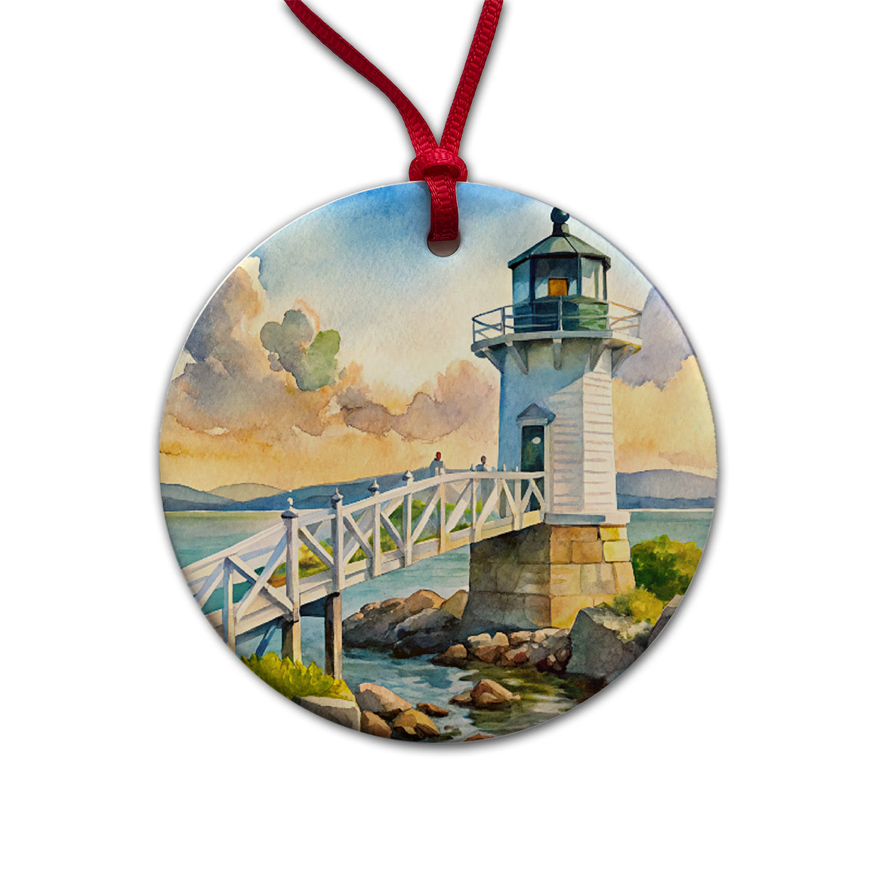 Lighthouse Like Marshall Point Maine Watercolor Round Ceramic Holiday Christmas Tree Ornament