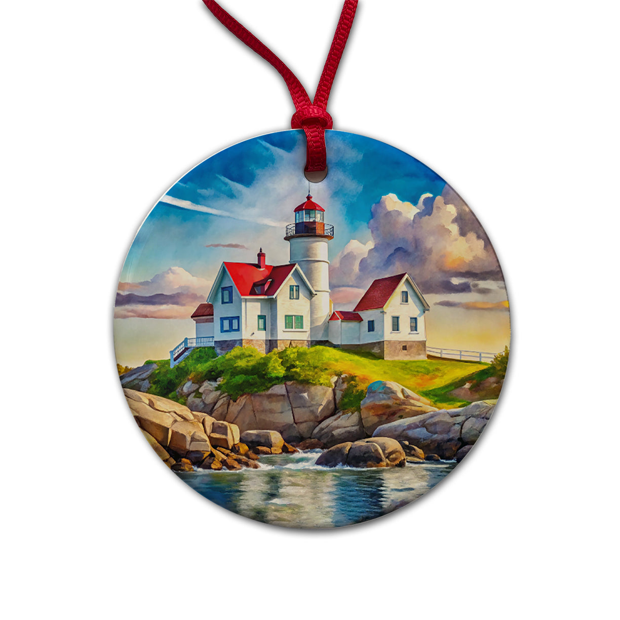 Lighthouse Like Nubble Lighthouse Maine Watercolor Round Ceramic Holiday Christmas Tree Ornament