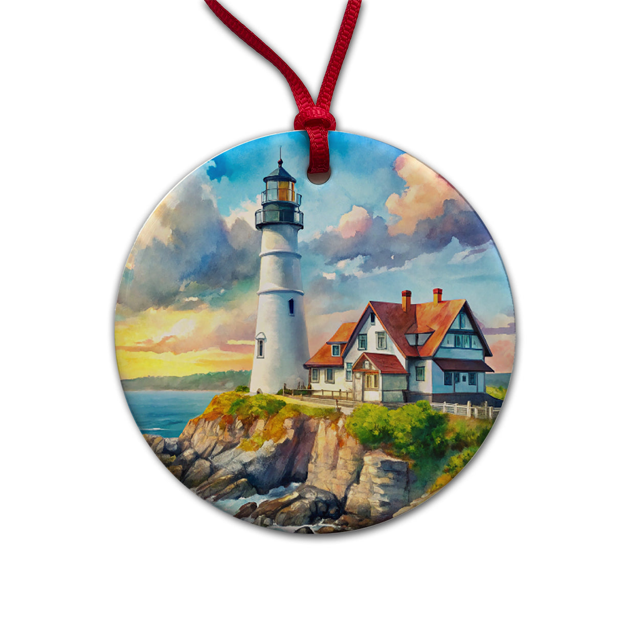 Lighthouse Like Portland Head Maine Watercolor Round Ceramic Holiday Christmas Tree Ornament
