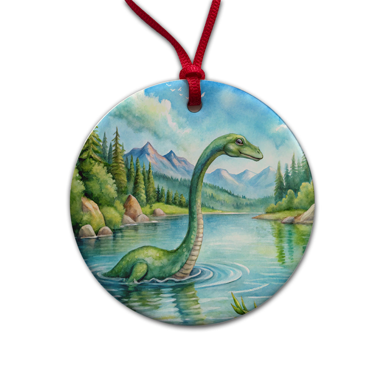 Loch Ness Monster Nessie In Scotland Highlands Lake Round Ceramic Holiday Christmas Tree Ornament