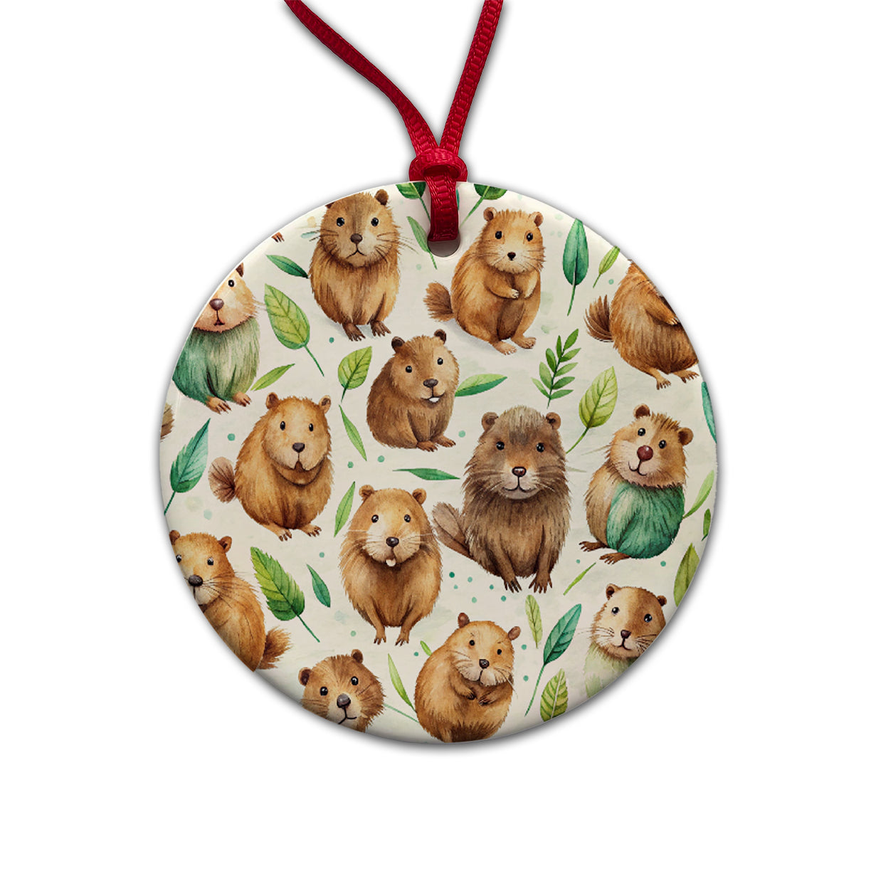 Lots Of Sweet Beavers Round Ceramic Holiday Christmas Tree Ornament