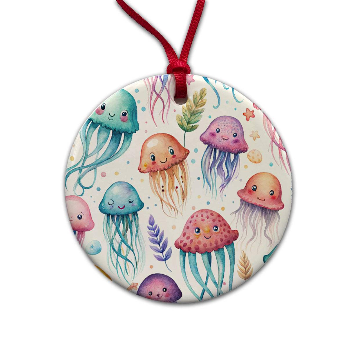 Lots Of Sweet Jellyfish Round Ceramic Holiday Christmas Tree Ornament