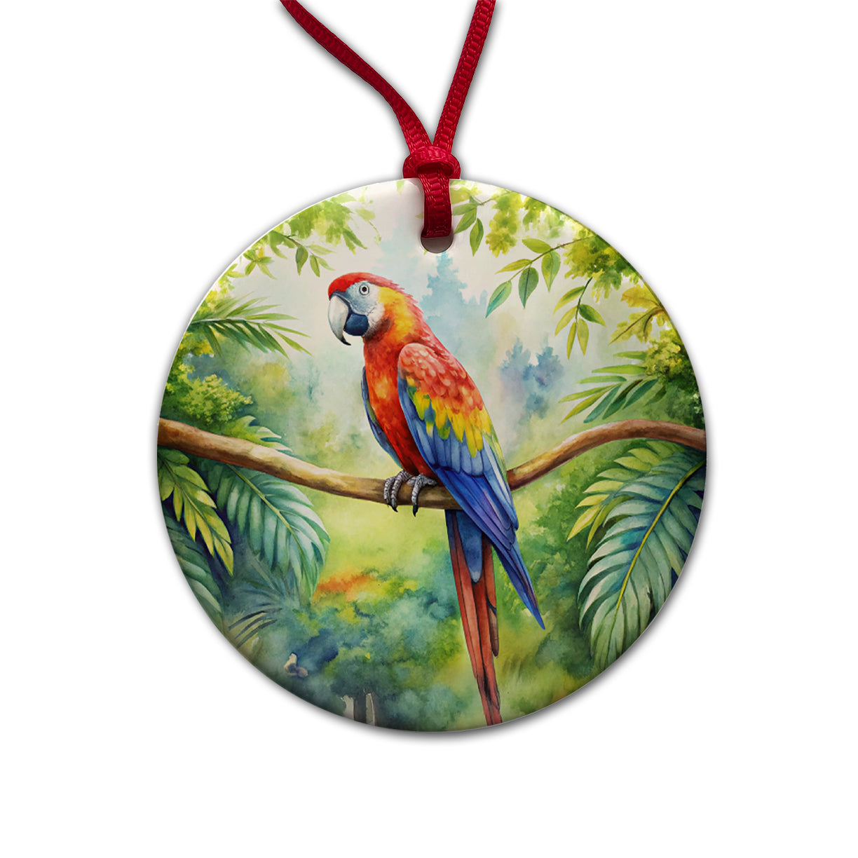 Macaw Parrot In Tree Bird Watercolor Round Ceramic Holiday Christmas Tree Ornament