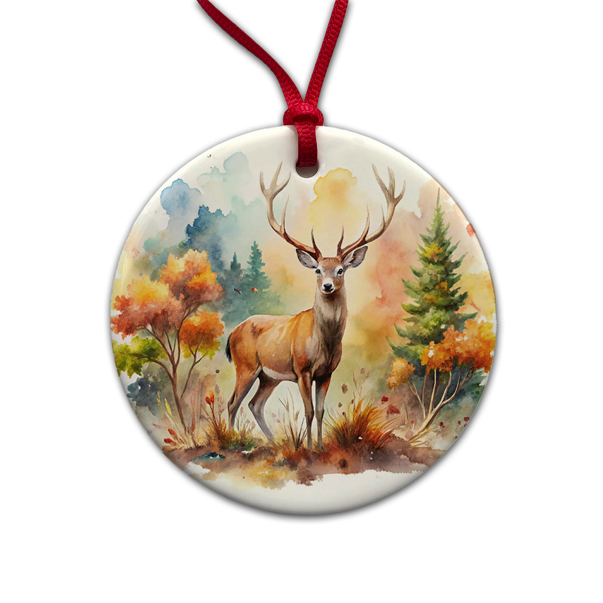Majestic Deer Hunting Hunter Watercolor Round Ceramic Holiday Christmas Tree Ornament