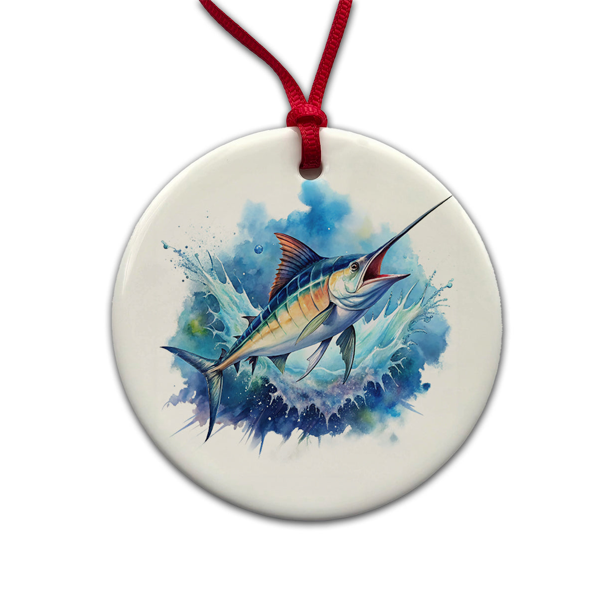 Marlin Jumping In The Ocean Deep Sea Sport Fishing Watercolor Round Ceramic Holiday Christmas Tree Ornament
