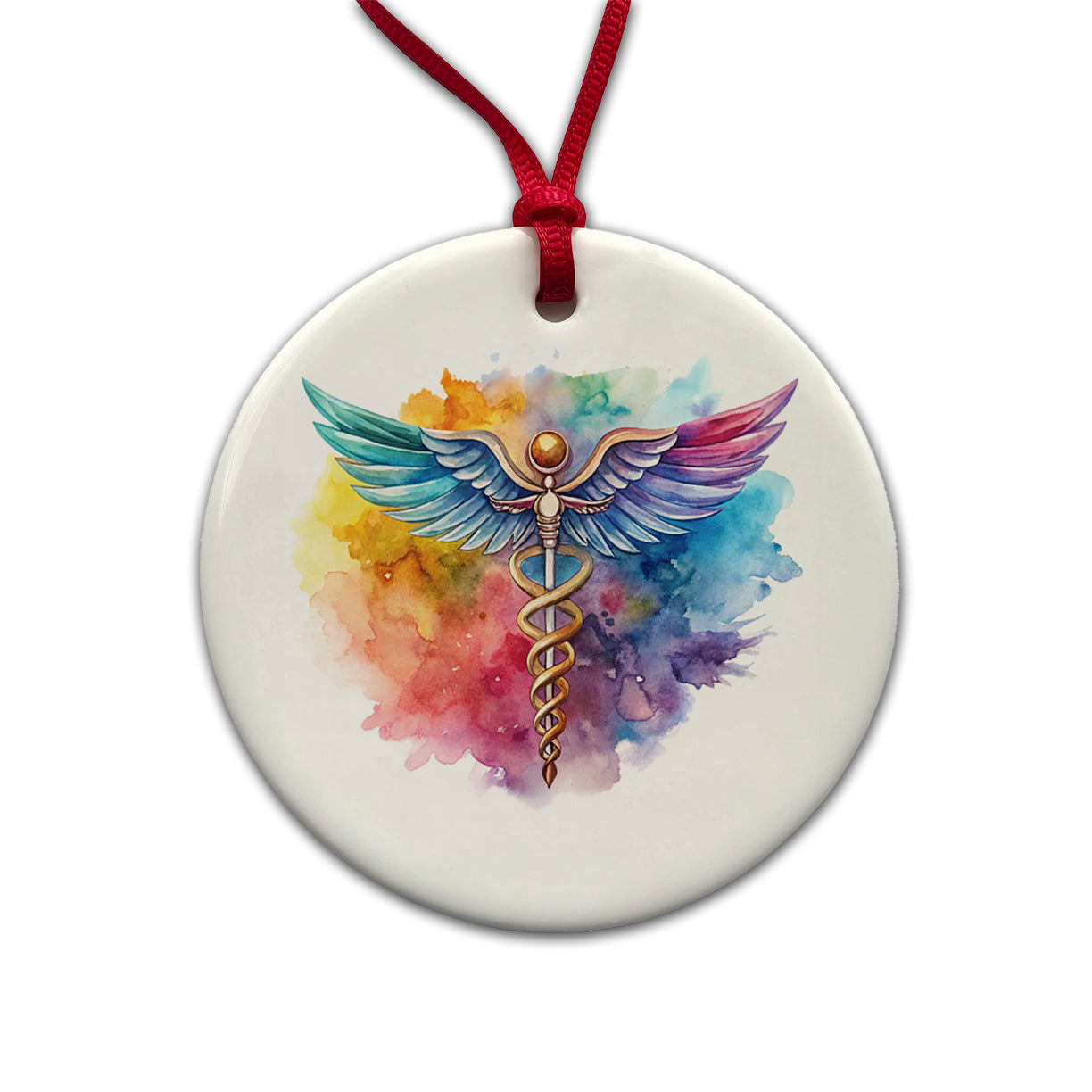 Medical Caduceus Doctor Nurse RN EMT Watercolor Round Ceramic Holiday Christmas Tree Ornament