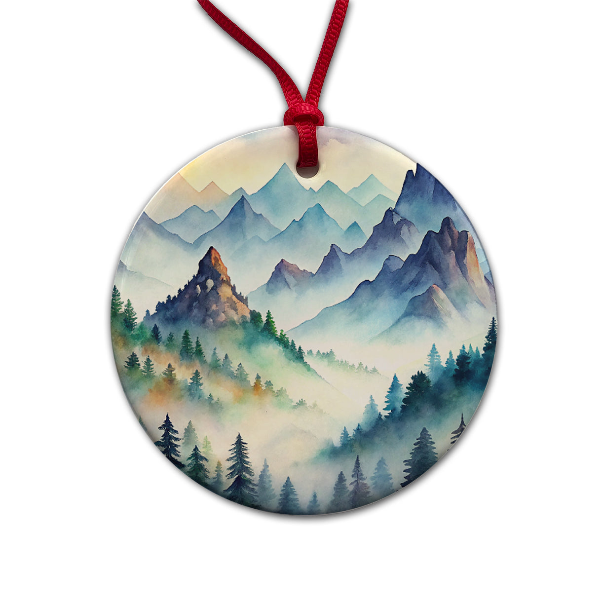 Mist Covered Mountains Misty Watercolor Round Ceramic Holiday Christmas Tree Ornament
