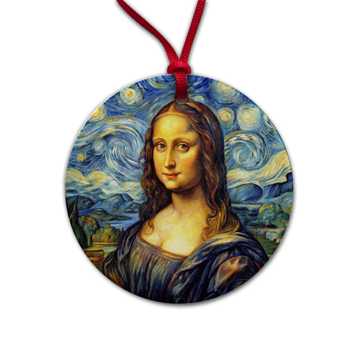 Mona Lisa Van Gogh Style Round Ceramic Holiday Christmas Tree Ornament