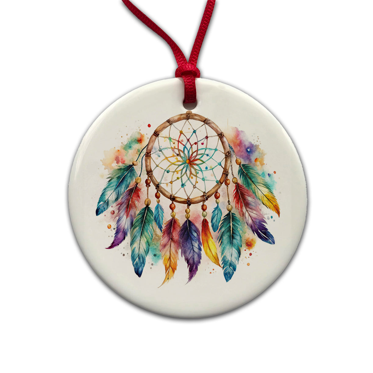 Native American Indian Dreamcatcher Watercolor Round Ceramic Holiday Christmas Tree Ornament