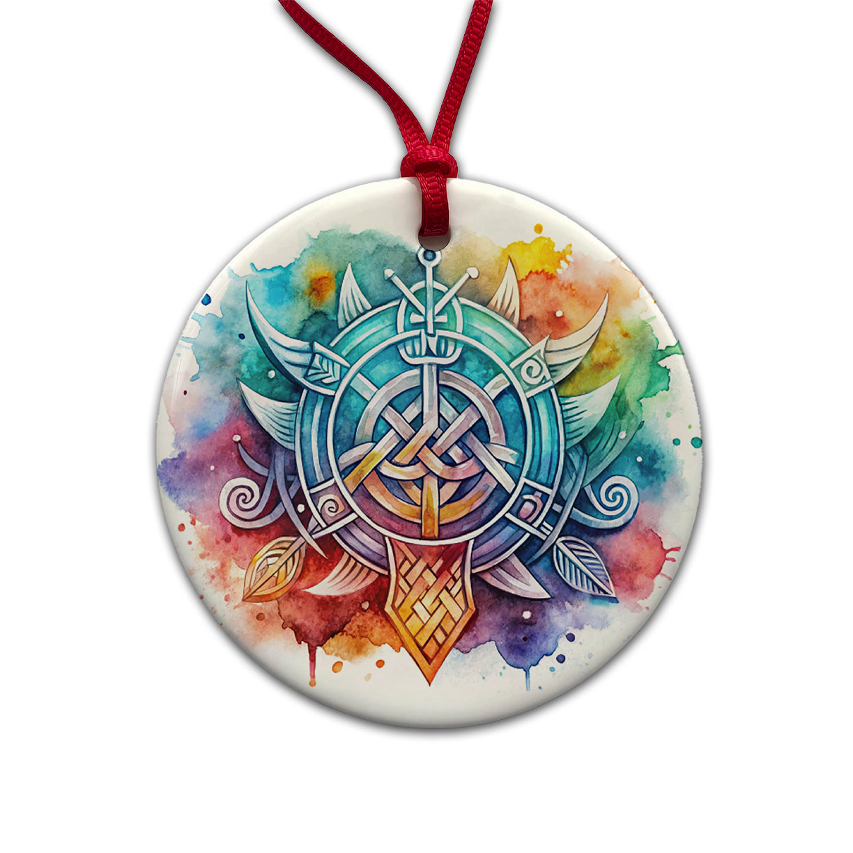 Norse Viking Symbols Watercolor Round Ceramic Holiday Christmas Tree Ornament